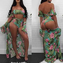 3 шт. Для женщин топы с открытыми плечами с Высокая Талия бикини набор+ с коротким рукавом пляжный чехол Ups комплект купальный костюм Юбка-брюки для девочек, многослойная юбка-пачка