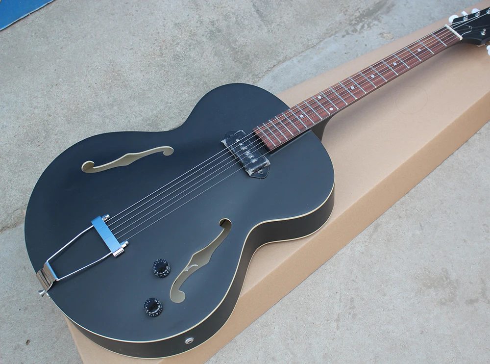 

Factory Custom Matte Black hollow Body Electric Guitar with 2 f Hole,White Tuners,Rosewood Fretboard,Offer Customized