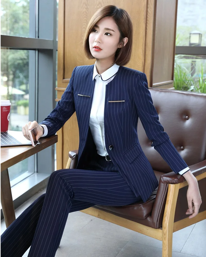High Quality Formal Blue Striped Blazer Women Business Suits Pant and