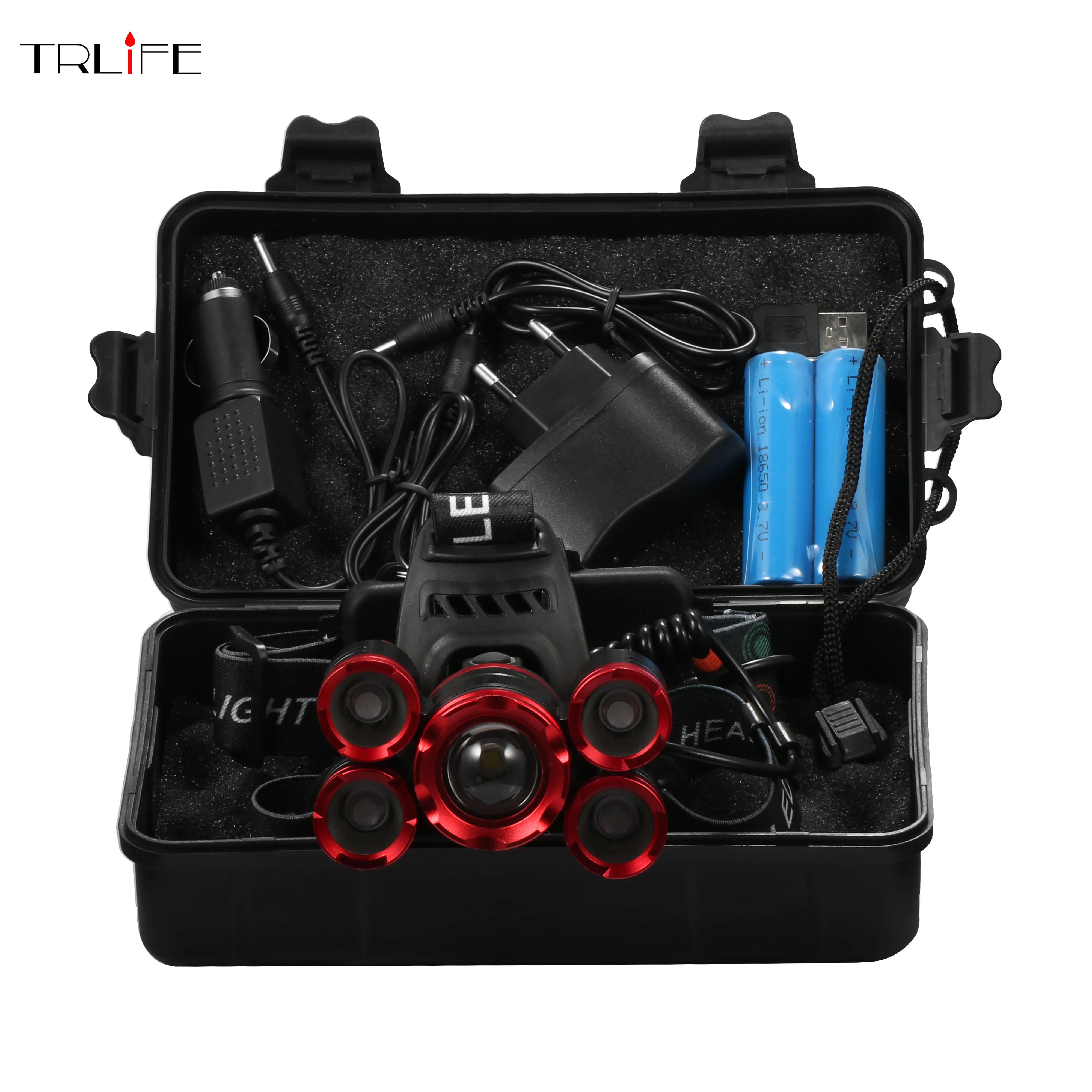 Koop 5 * T6 LED Koplamp 30000 Lumens 4 Mode Zoomable LED Koplamp Oplaadbare Head Lamp zaklamp + 2*18650 batterij + AC DC Lader + DOOS