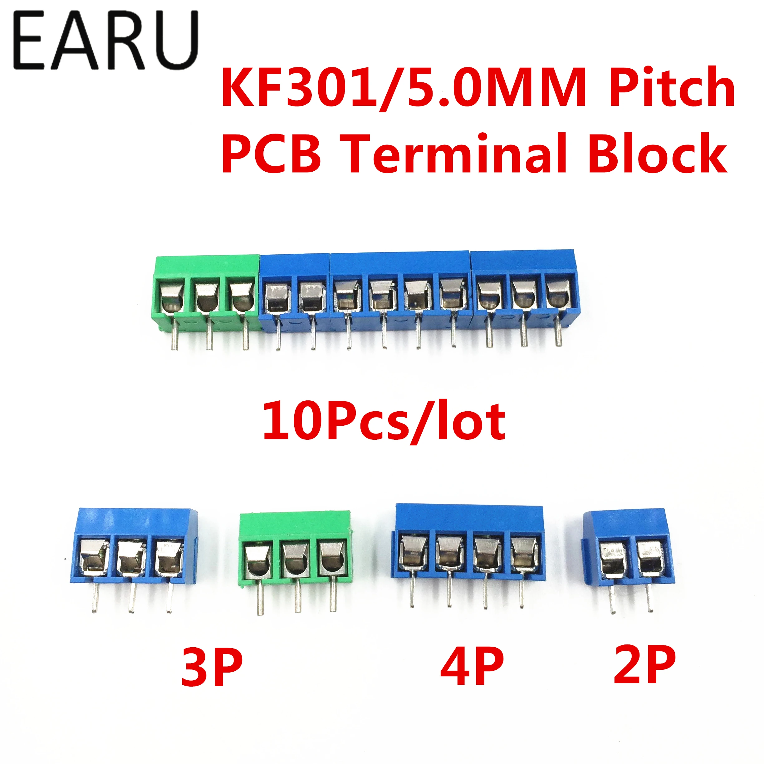 

10Pcs/lot KF301-5.0-2P KF301-3P KF301-4P Pitch 5.0mm Straight Pin 2P 3P 4P Screw PCB Terminal Block Connector Blue Green