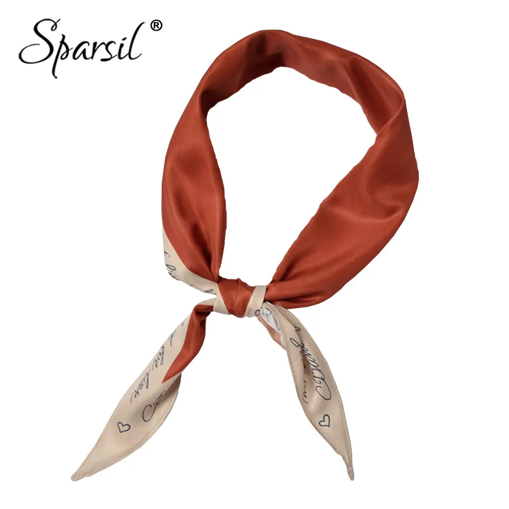 

Sparsil Women Rhombus Solid Stitching Letter Scarf Medium Long Section Lmitation Silk Scarves Spring Summer Twill Neckerchief