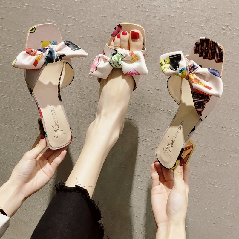 

Korean version of the new party open toe bow cute small fresh thick with high heels sandals and slippers women