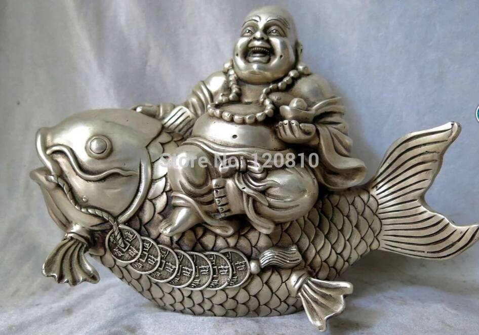 

zhaorui6600031++8" China Silver fine workmanship carved lucky money happy buddha on Fish Statue