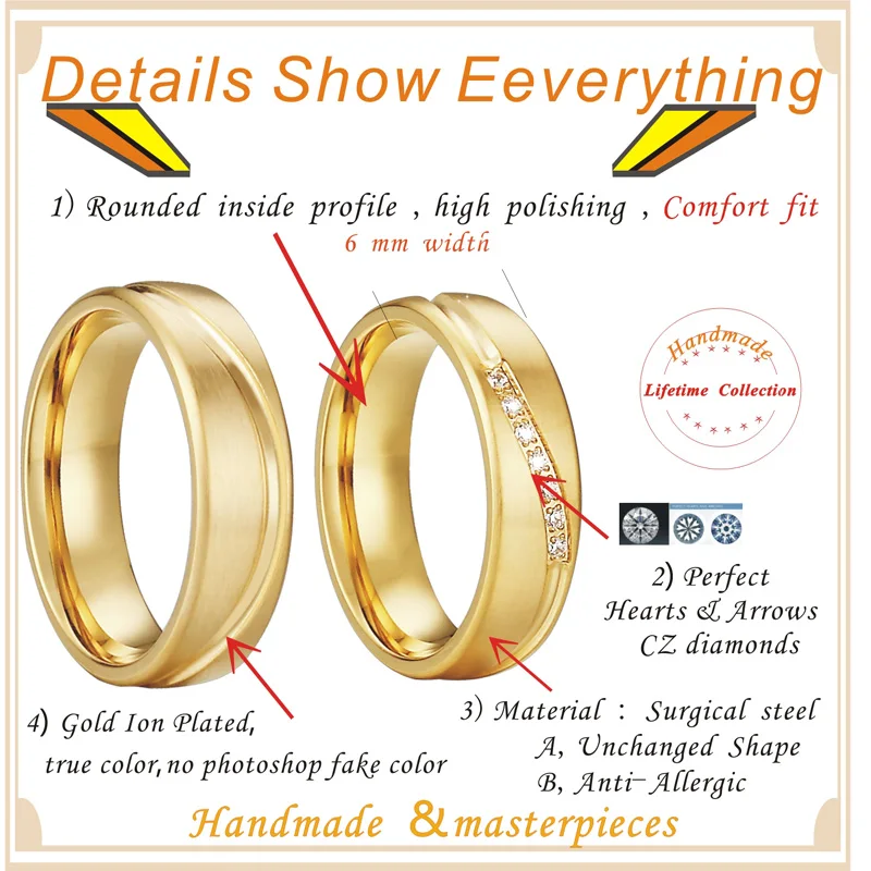 Gold Color Wedding band Couple Rings Men Alliance Anel Anillos Bague Eheringe Jewelry Engagement Rings for Women
