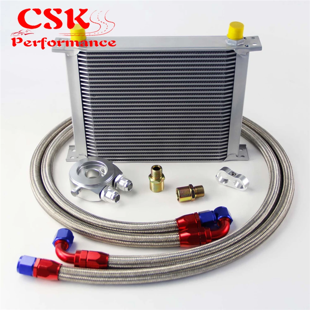

30 Row 248mm AN10 Universal Engine Transmission Oil Cooler British Type + Aluminum Filter Hose End Kit Silver/Blue/Black