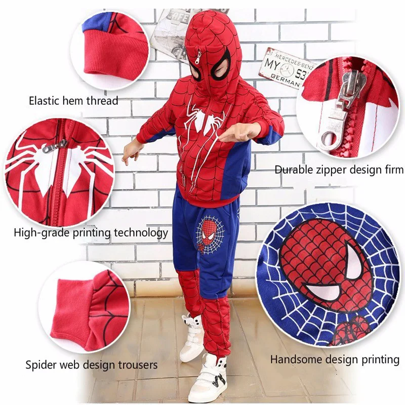 Комплект одежды для маленьких мальчиков, детская одежда с человеком-пауком, куртка с капюшоном, топ, клетчатые штаны, тренировочный костюм из двух предметов для мальчиков 3, 4, 5, 6, 7, 8 лет