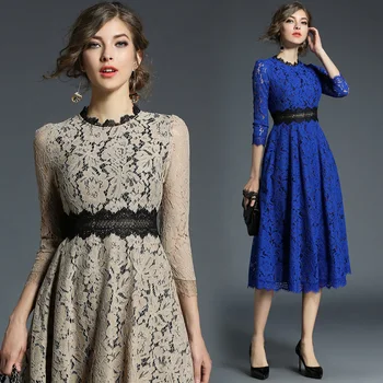 

2020 Spring 3/4 Sleeve O Neck Elegant Long Lace Dresses Women Hollow Out Lace A-line Dresses Lady Long Blue Lace Dress