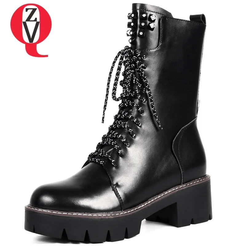 

ZVQ 2018 new fashion rivet zip and lace-up round toe high square heel platform genuine leather shoes women winter ankle boots