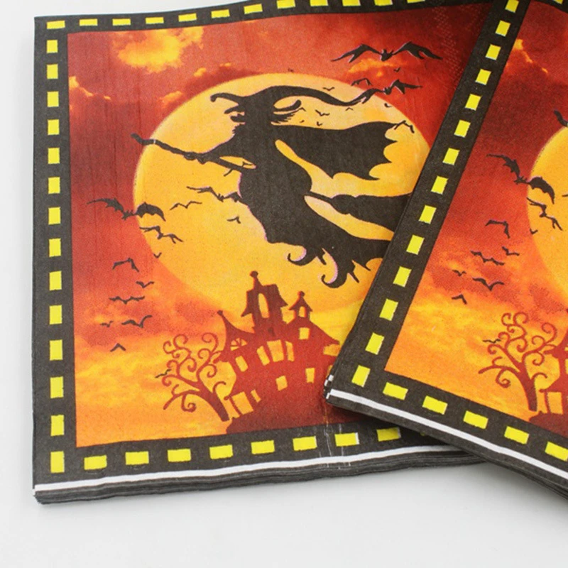 100Pcs Midnight Witch Broom Moon Halloween Design Tissue Disposable Paper Napkin Festive Bar Party Restaurant Table Decoration