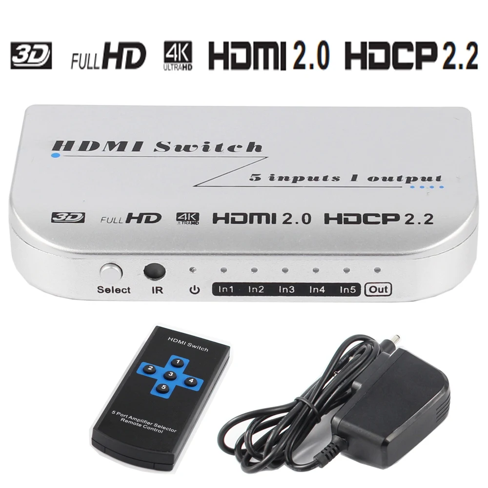 Hdmi коммутатор 5X1 4 K X 2 k @ 60 Гц Hdmi 2,0 переключатель Hdr Hdcp 2,2 с ИК беспроводной пульт дистанционного управления и адаптер питания Full Hd 1080 P