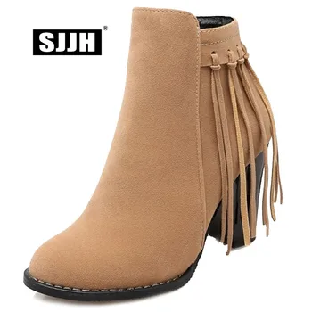 

SJJH Woman Short Boots with Round Toe 9cm Chunky Zip Plush Fringe Flock Ankle Martin Boots Elegant Working Shoes Large Size Q113