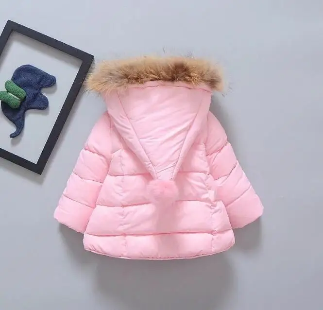 Pink Новое зимнее пальто для девочек Детская куртка с капюшоном детская одежда для маленьких мальчиков, хлопковая куртка детское утепленное пальто с воротником из натурального меха - Цвет: Pink