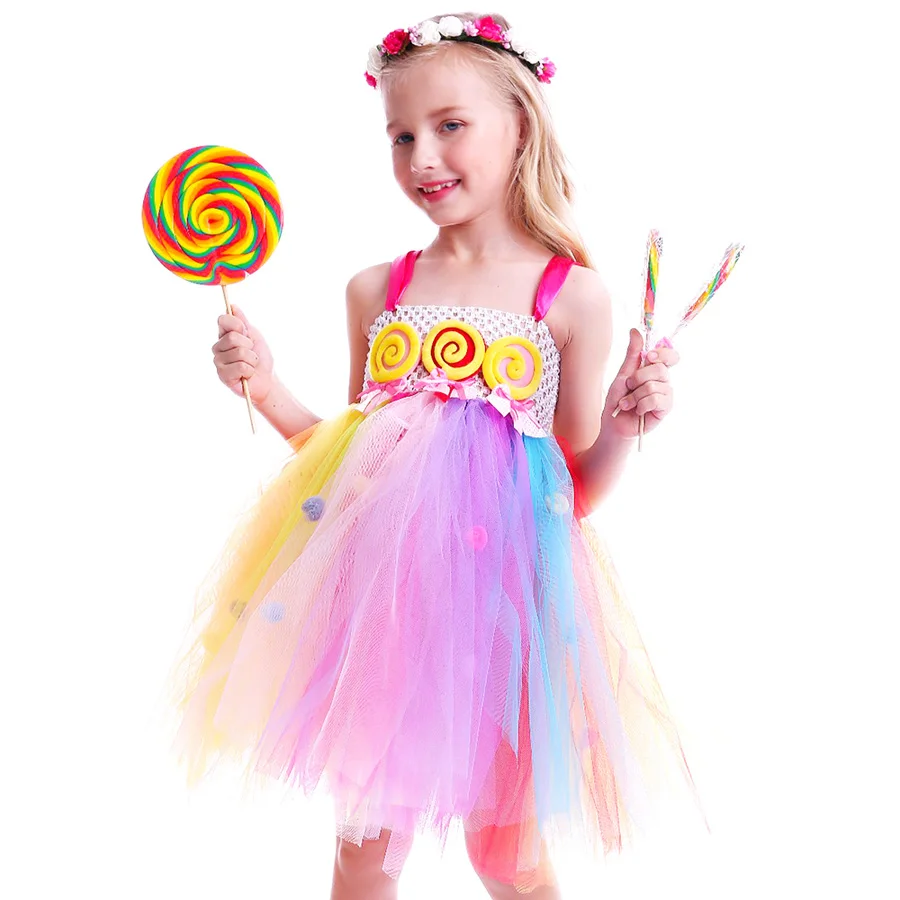 Girls Rainbow Fairy Tutu Dress Sweet Kids Candy Lollipop Dress Children Pom pom Dress for Birthday Outfit Lollipop Gown (12)
