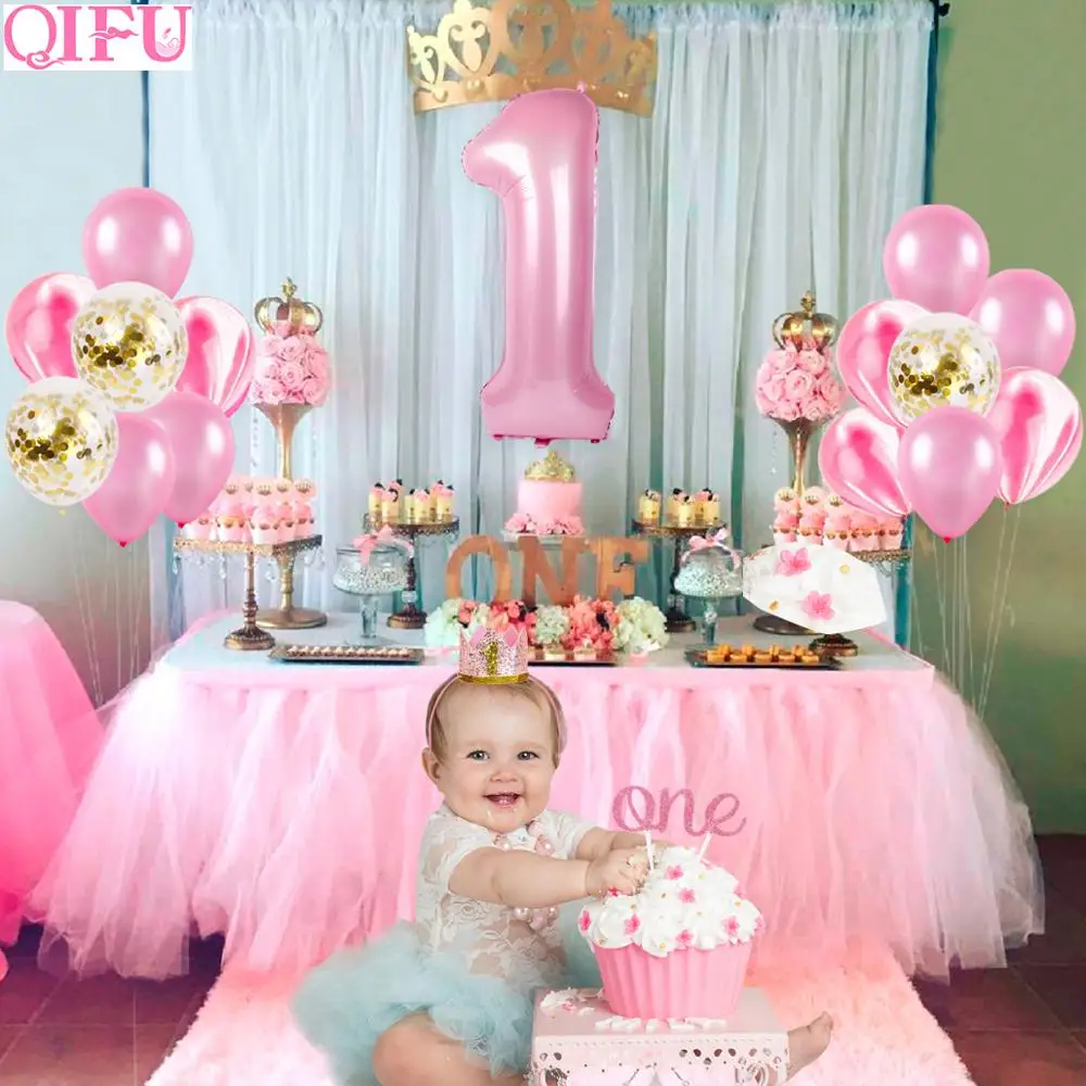 Qifu 30個ピンク誕生日バルーンバナーセット1st誕生日パーティーの装飾子供最初1誕生日箔バルーン好意私は1 風船 アクセサリー Aliexpress