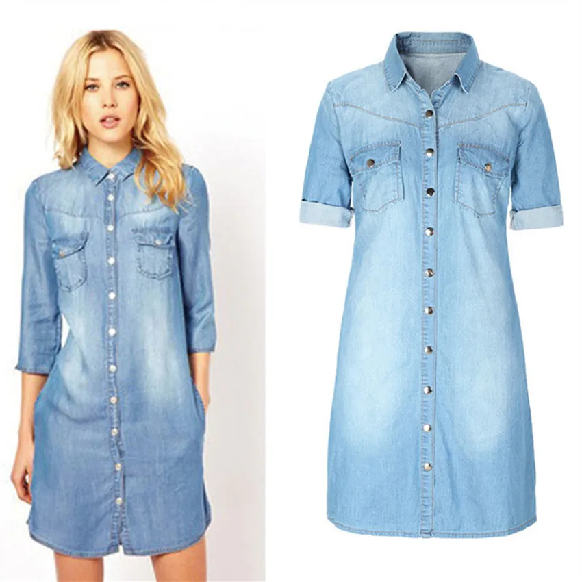 

2017 women brand clothing plus-size half sleeve pure cotton denim dress Female casual brief slim mini jeans shirt dresses T-DR02