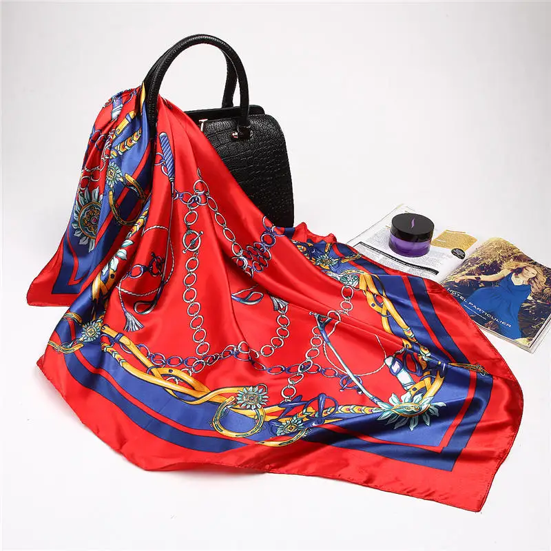 Модный Цветной атласный квадратный шелковый шарф на цепочке, женский шарф 90*90 см, полиэстеровый хиджаб платок на голову, брендовые пляжные накидки, квадратные шарфы - Цвет: red