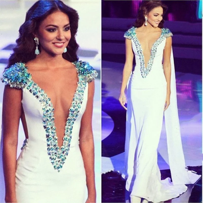 

Sexy Design Deep V Neck White Satin Mermaid Dubai Kftan Evening Dresses Beads Crystal Long Prom Gown with Cape for Weddings