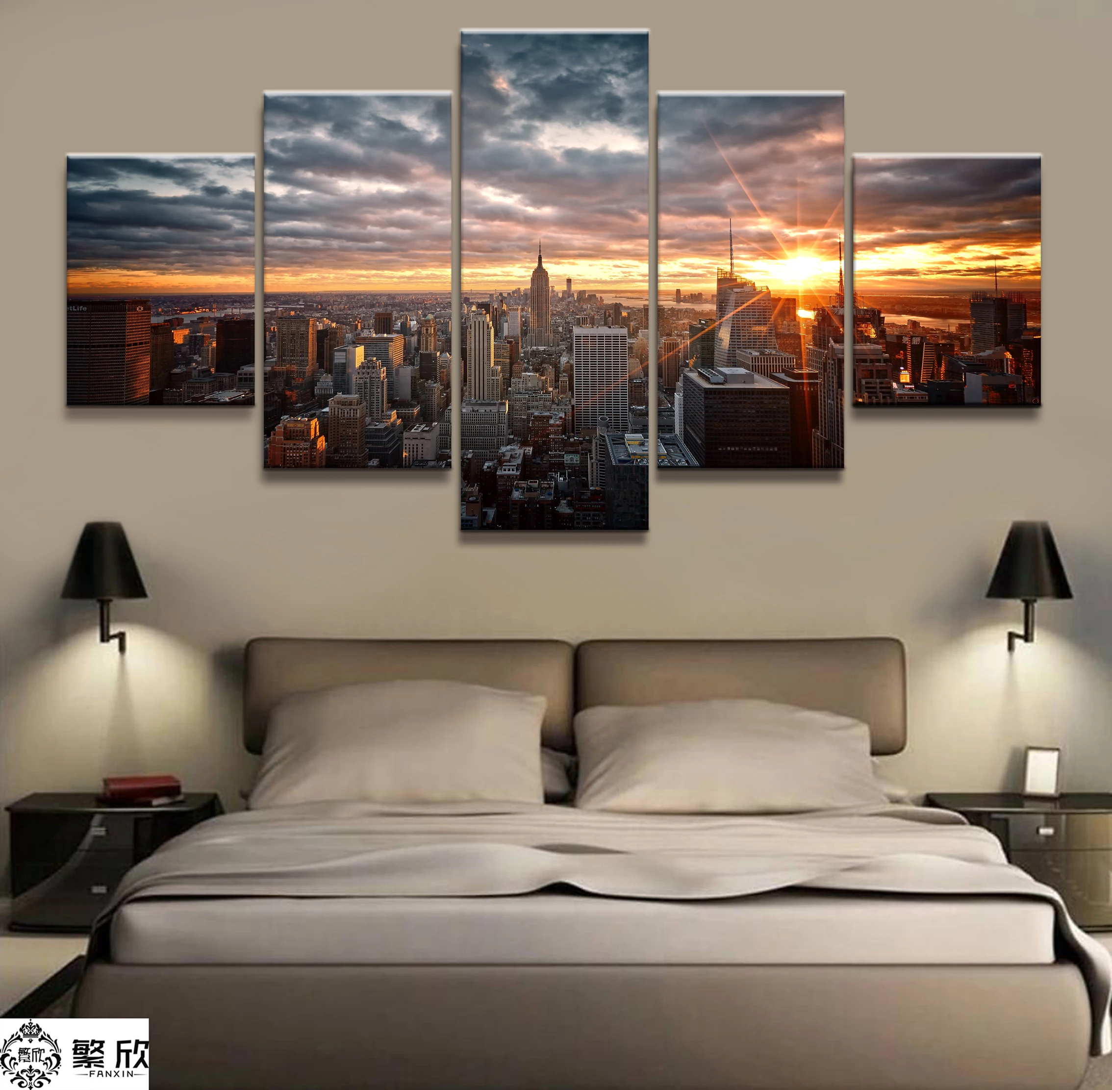 Hot Sales Without Frame 5 Panels Picture Bright Sunrise Cityscape