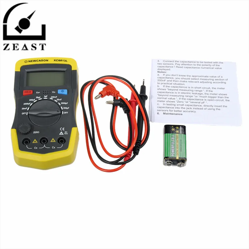 

XC6013L Digital LCD Display Capacitor Capacitance Meter Tester mF uF Circuit Gauge with Test Lead Line & Battery
