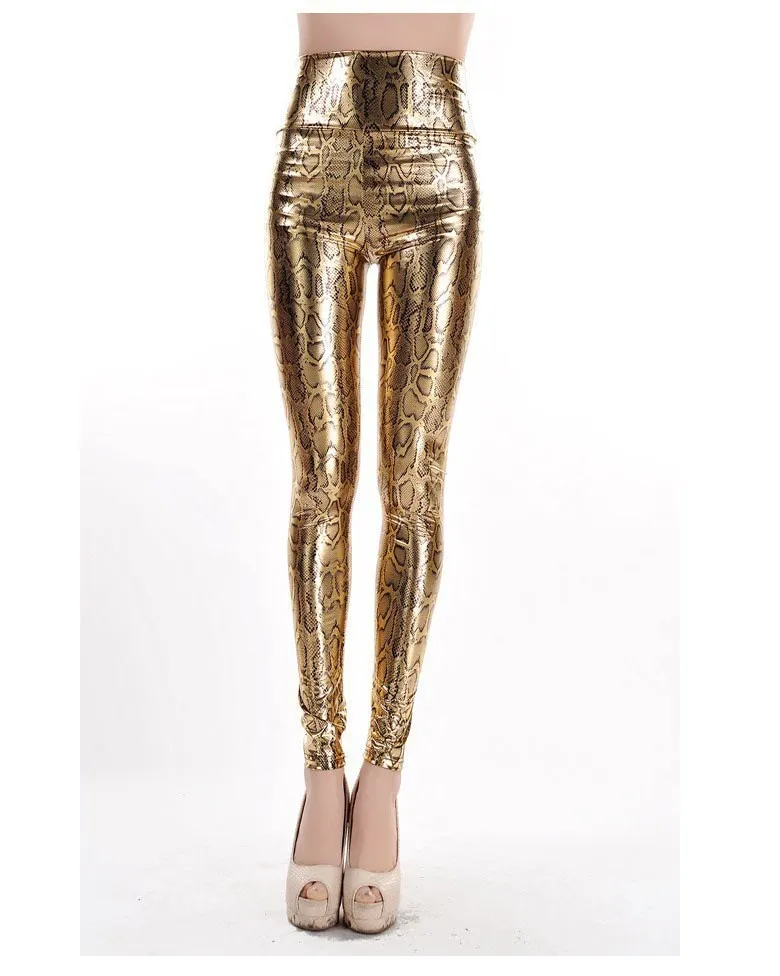adidas leggings Lady fashion slim leggings High Waist Skinny legging women black gold snake printed pant small size faux leather pants fishnet leggings