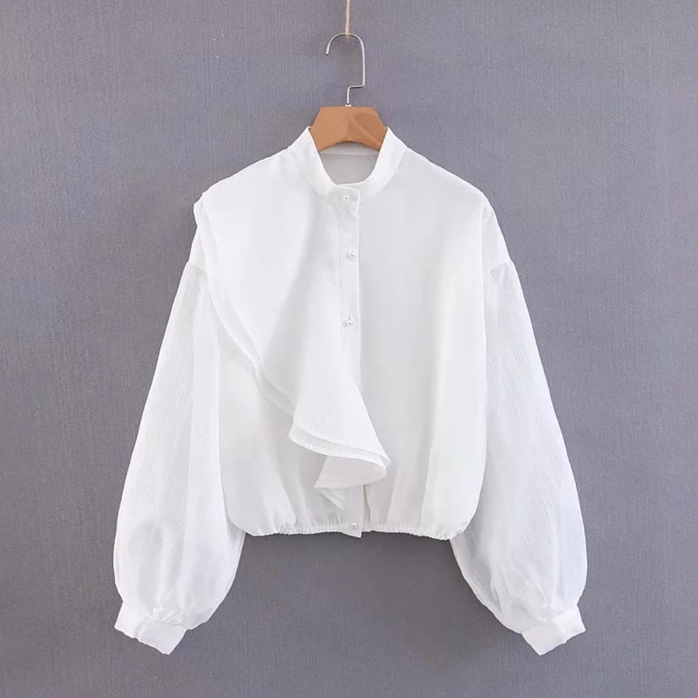 

Klacwaya women white chiffon-organza blouses 2019 fashion ladies oversize ruffle shirts pearl buckle girls loose tops femme chic
