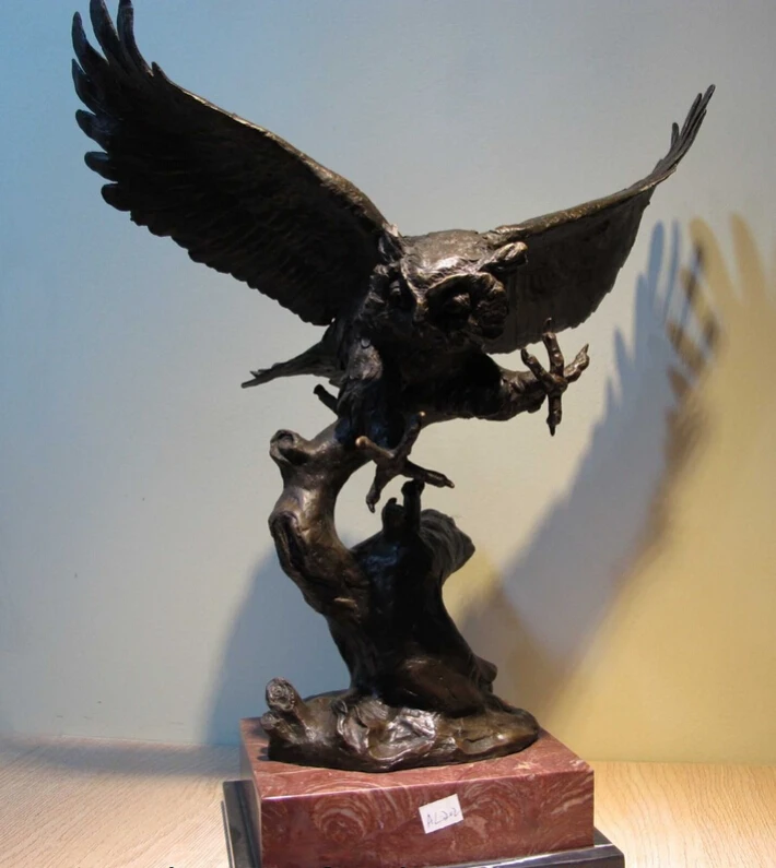 

Collectible bronze S2303 Western Art Decor Copper Bronze Marble Base Sculpture Owl Bird Statue Figurine