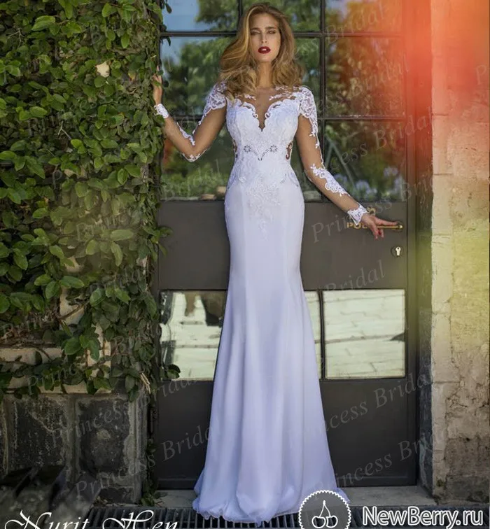 Free Shipping Exotic Fishtail See Through Bodice Sweep Train Long Sleeve Open Back font b Wedding