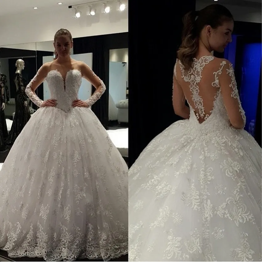 Luxury Lace Ball Gown Long Sleeve Wedding Dresses 2017 Gelinlik