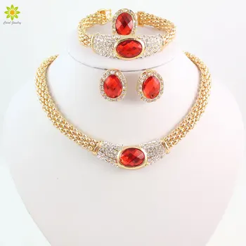 

Fashionable Jewelry Sets For Women Oval Pendant Crystal Necklace Earrings Bracelet Ring Gold Color Wedding Jewelry Sets