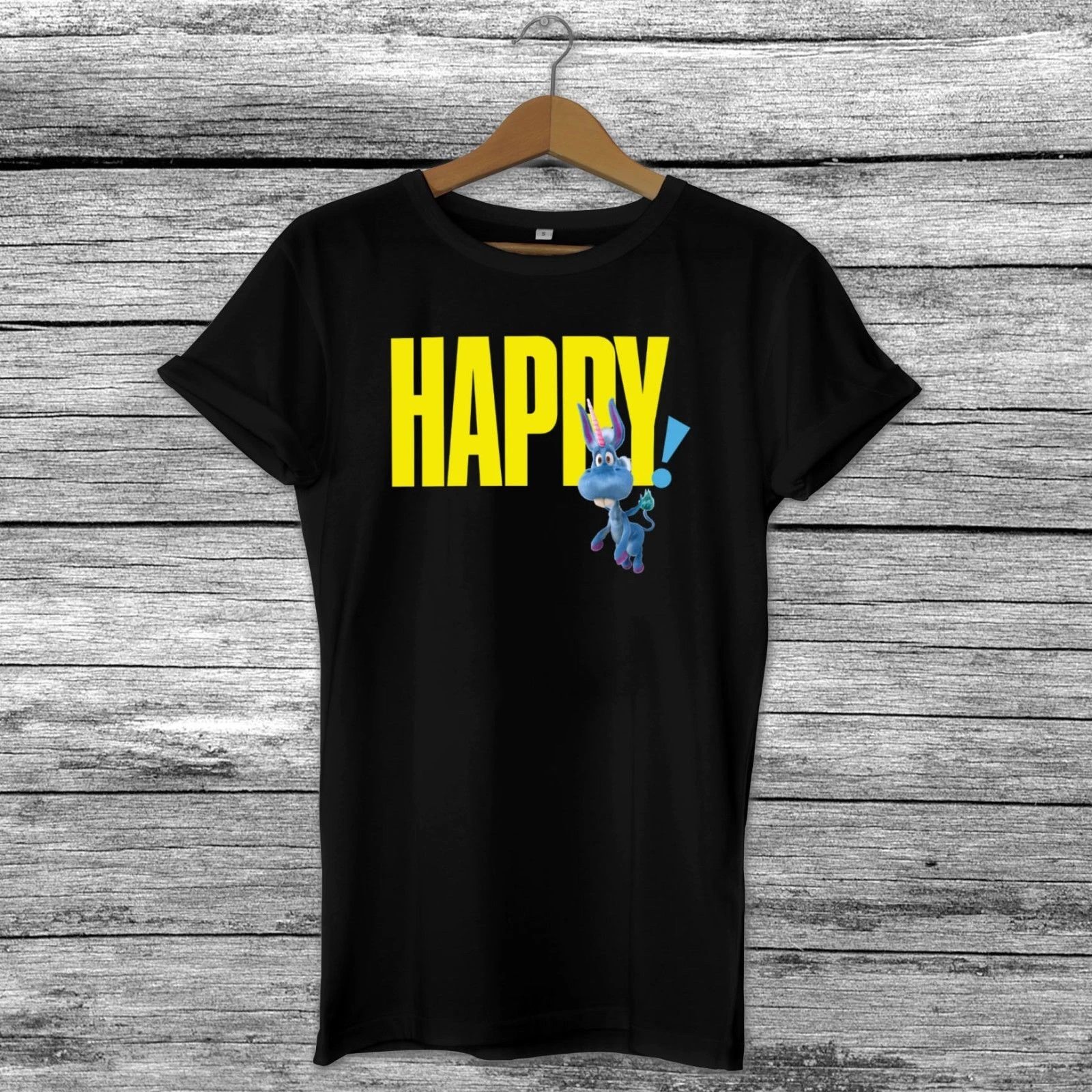 borde India Raza humana Feliz! Netflix Series TV Show Logo unicornio inspirado camiseta Top negro  hombre Hip Hop camisetas divertidas barato al por mayor|Camisetas| -  AliExpress