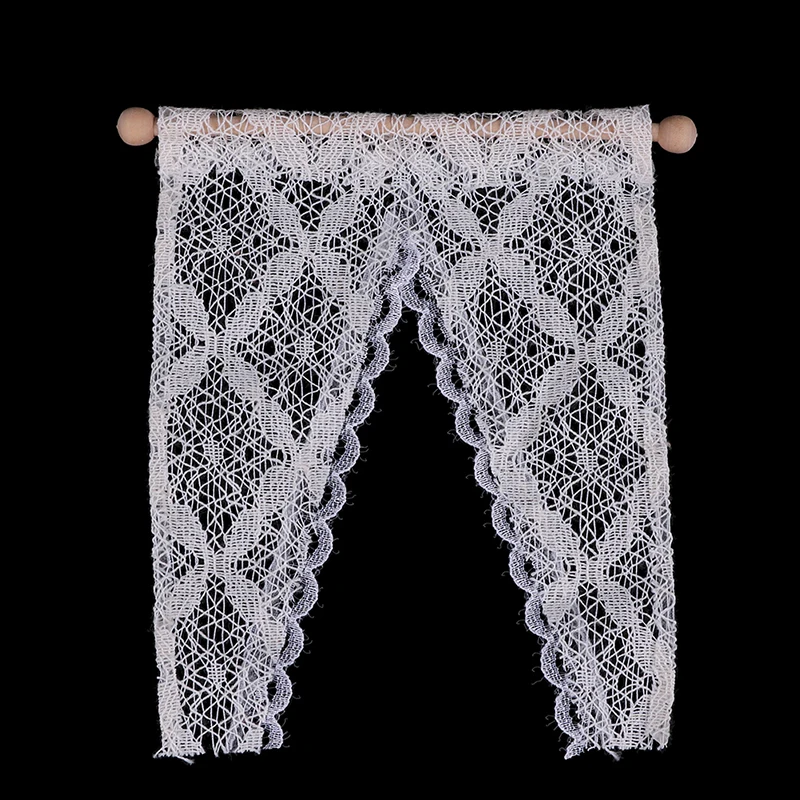 

1/12 Dollhouse Miniature Lace Curtain/Drape with Wooden Rod Rail Windows Decoration Toys Doll House Dolls Accessories