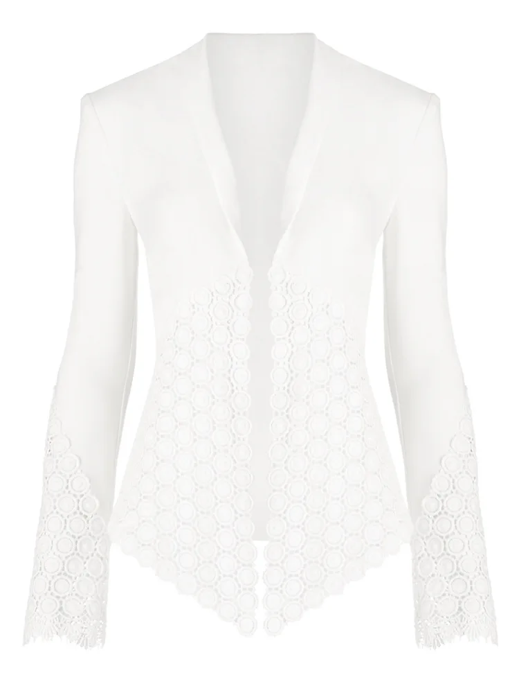 EIJOQAN Summer Autumn New Lapel Long sleeves Lace splicing temperament Slim Lady's cardigan jacket Casual white A242
