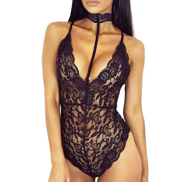 

Free Shipping Halter chocker neck bodycon lace jumpsuit romper Elegant floral sleeveless bodysuit women sexy transparent tops