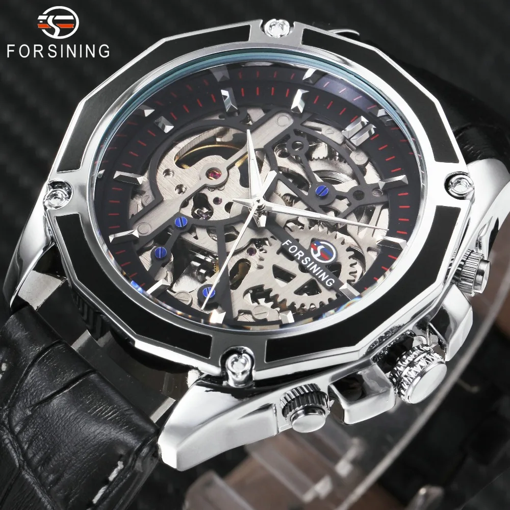 FORSINING 2018 Auto Mechanical Watch Men Leather Strap Fashion Mens Watches Top Brand Luxury WINNER Golden Skeleton Automatic