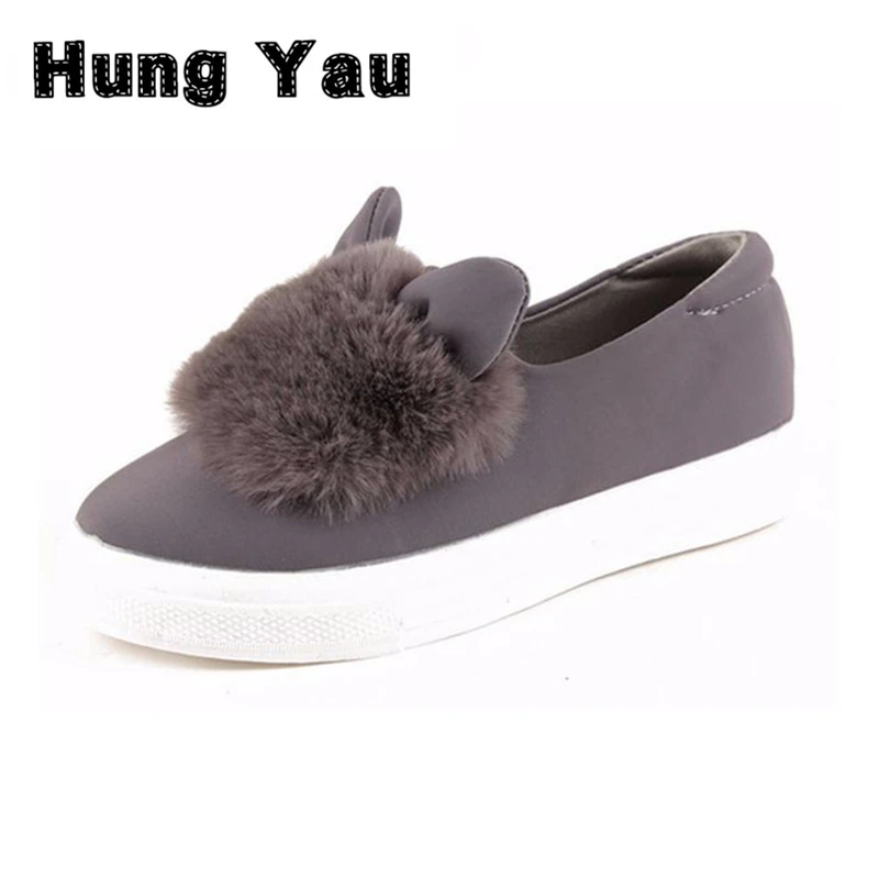 

Slip On Shoes Platform Flats 2016 New Fall Designer Fashion Real Fur Shoes Woman Ears Shoes Female Low Cut Casuals Leisures Lady