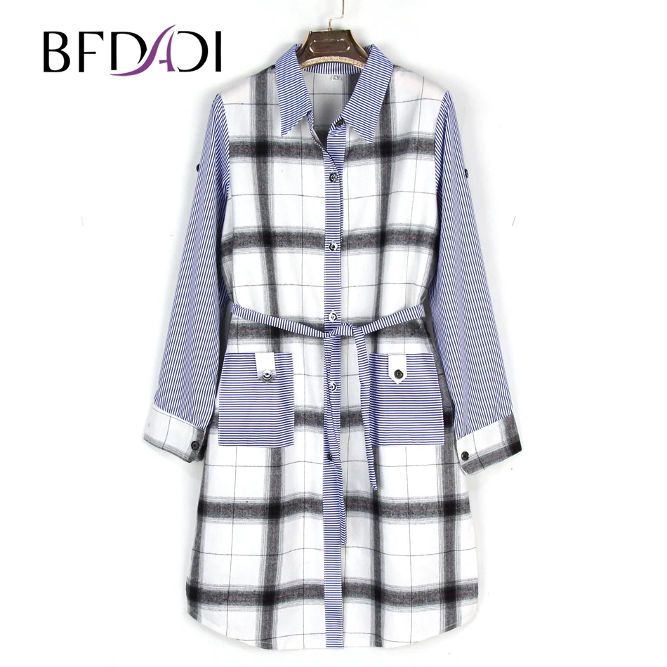

BFDADI Hot sale Womens long tops and blouses Female Casual Plaid Long Sleeve Button Loose Pocket big size 1848