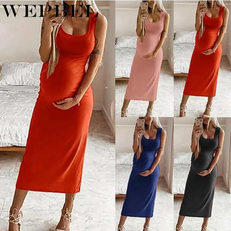 

WEPBEL Summer Pregnant Women Sleevless U Neck Calf Length Dress Pure Color Slim Fit Maternity Dress