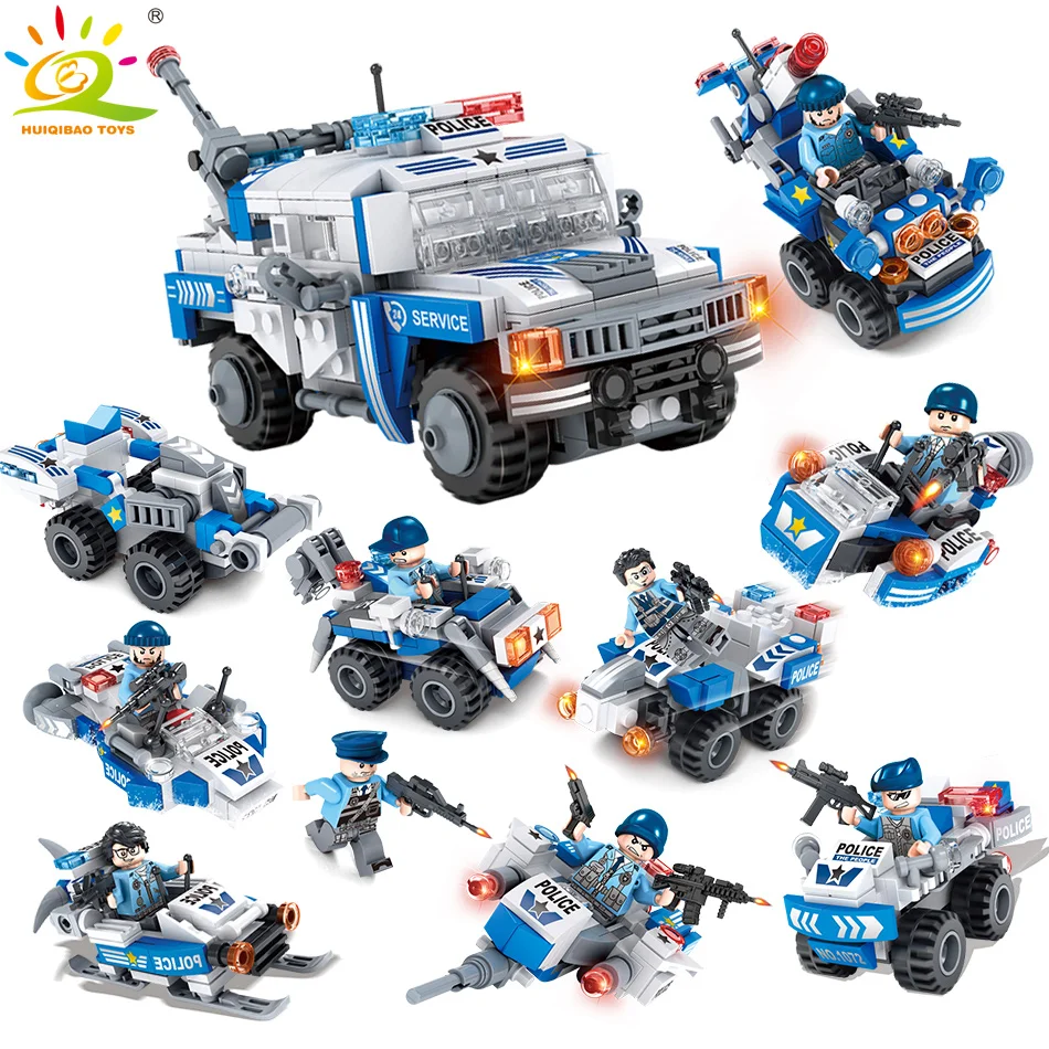 

HUIQIBAO Toys 863PCS 8in1 Police Truck Boat Car Building Blocks For Children Compatible Legoingly City Vehicle Policeman Bricks