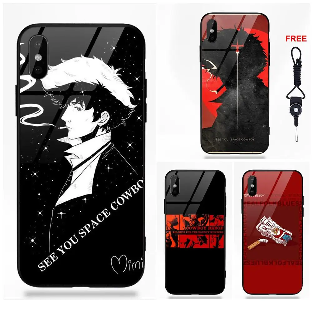 Silicone TPU Frame Tempered Glass Cases Covers For Apple iPhone X XS Max XR 5 5C 5S SE 6 6S 7 8 Plus Cartoon Space Cowboy Bebop | Мобильные