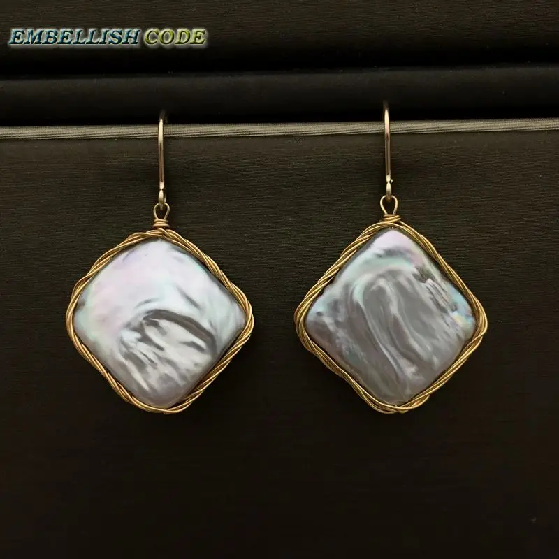 

2018 NEW Design Hand made winding baroque stely flat block rhombus shape big size gray grey hook dangle earring 14k gold plate'd