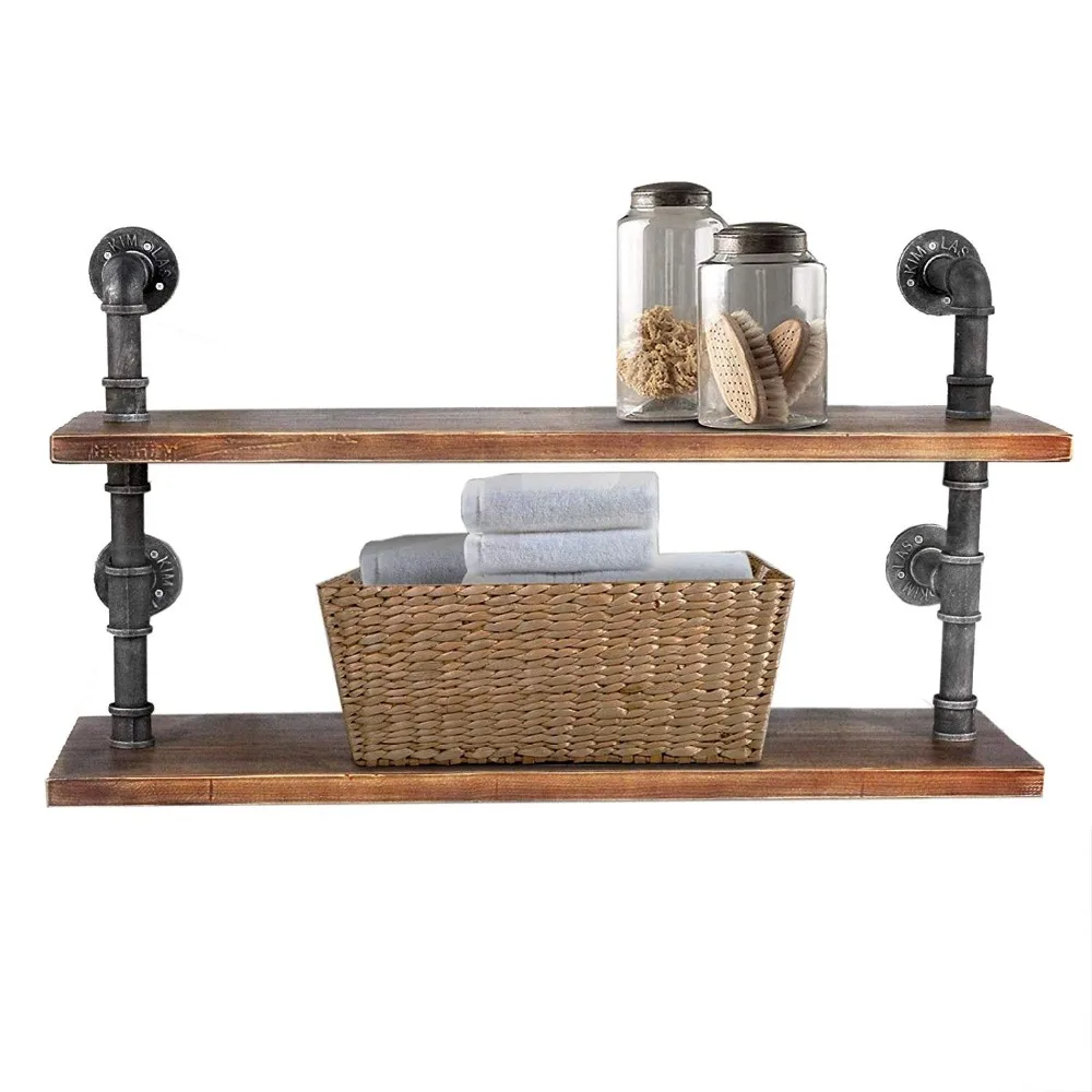 

2-Layer Vintage Wall Shelf Industrial DIY Pipe Shelf Storage Wooden Bookshelves kitchen Spice Storage Holders Racks