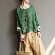 QPFJQD женская новая весенне-осенняя двухслойная льняная майка с длинными рукавами свободные карманы повседневные женские футболки винтажные зеленые красные