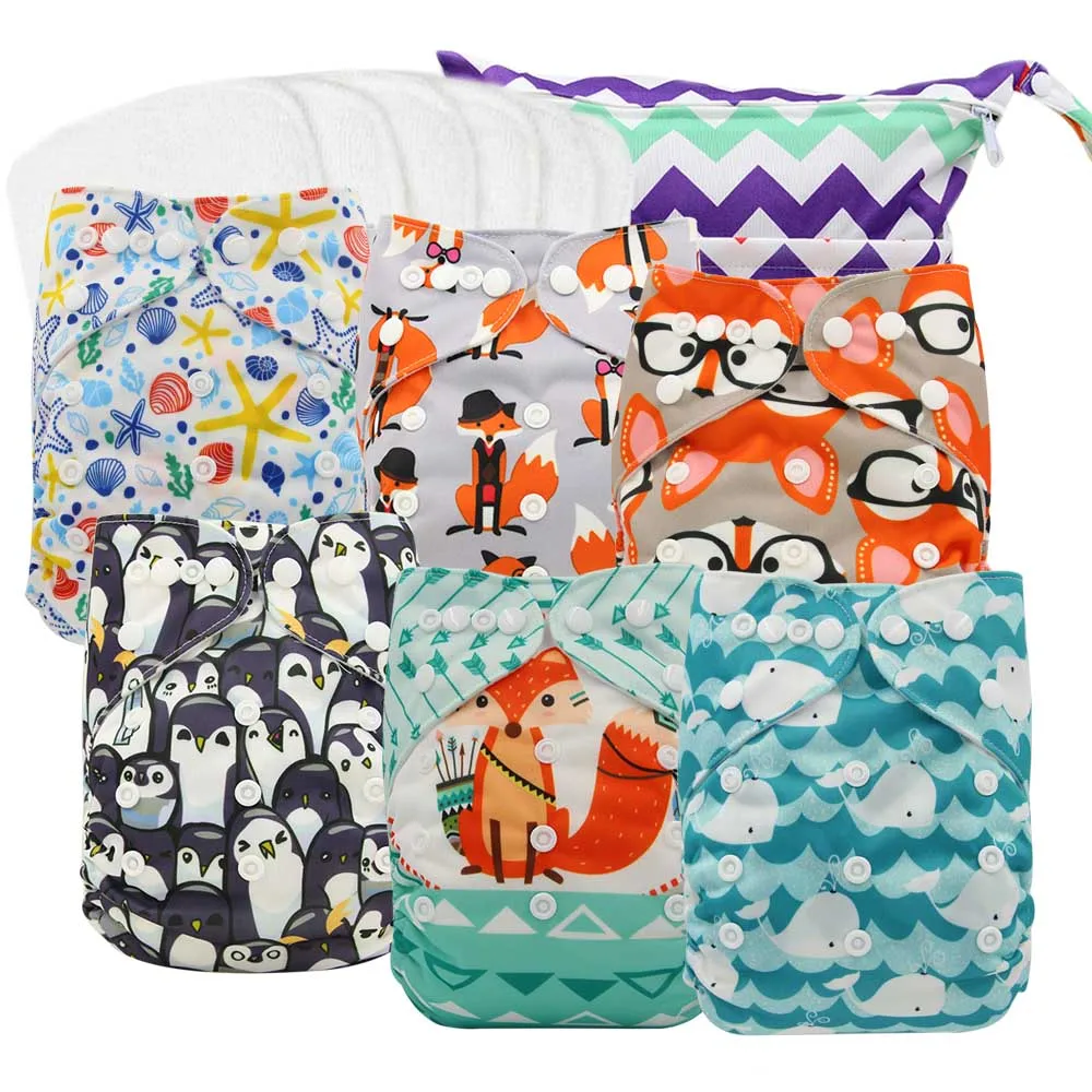 

Couche Lavable Cloth Diapers Baby Washable Diapers Reusable Nappies Animals Printed Pocket Diaper 6pcs+6pcs Microfiber Inserts