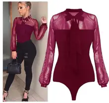 New 2019 Summer Bodysuit Women Sexy Bow Black Mock Neck Patchwork Long Sleeve Back Ladies Lace Mesh Bodysuit Transparent Tops mock neck square cutout bodysuit
