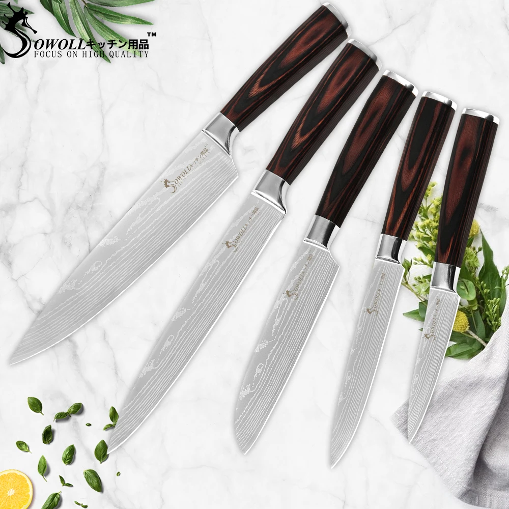 

Sowoll Kitchen Knives Set Stainless Steel Damascus Veins Pattern Meat Cleaver Pakka Wood Handle Japanese Chef Slicing Knife