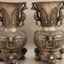 USPS в США S1121 Китайский Белый Медь Серебро Изысканные Птицы Зун Диких животных Foo Dog Лев Горшок Ваза Пара