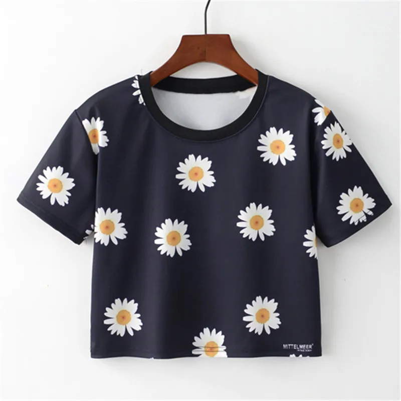 

New Arrival Daisy Print Women T-shirt Black Round Neck Short Sleeve Women's Shirts Fashion Casual Short Tops Tshirt Female