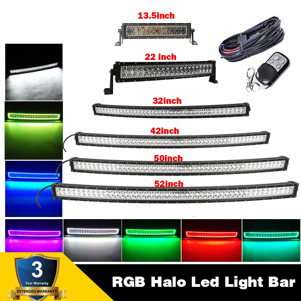 

13.5" 22" 32" 42" 50" 52" Straight/Curved LED Light Bar RGB Halo Color Changing 7 Solid Color & Remote Wiring Kit For Jeep Truck
