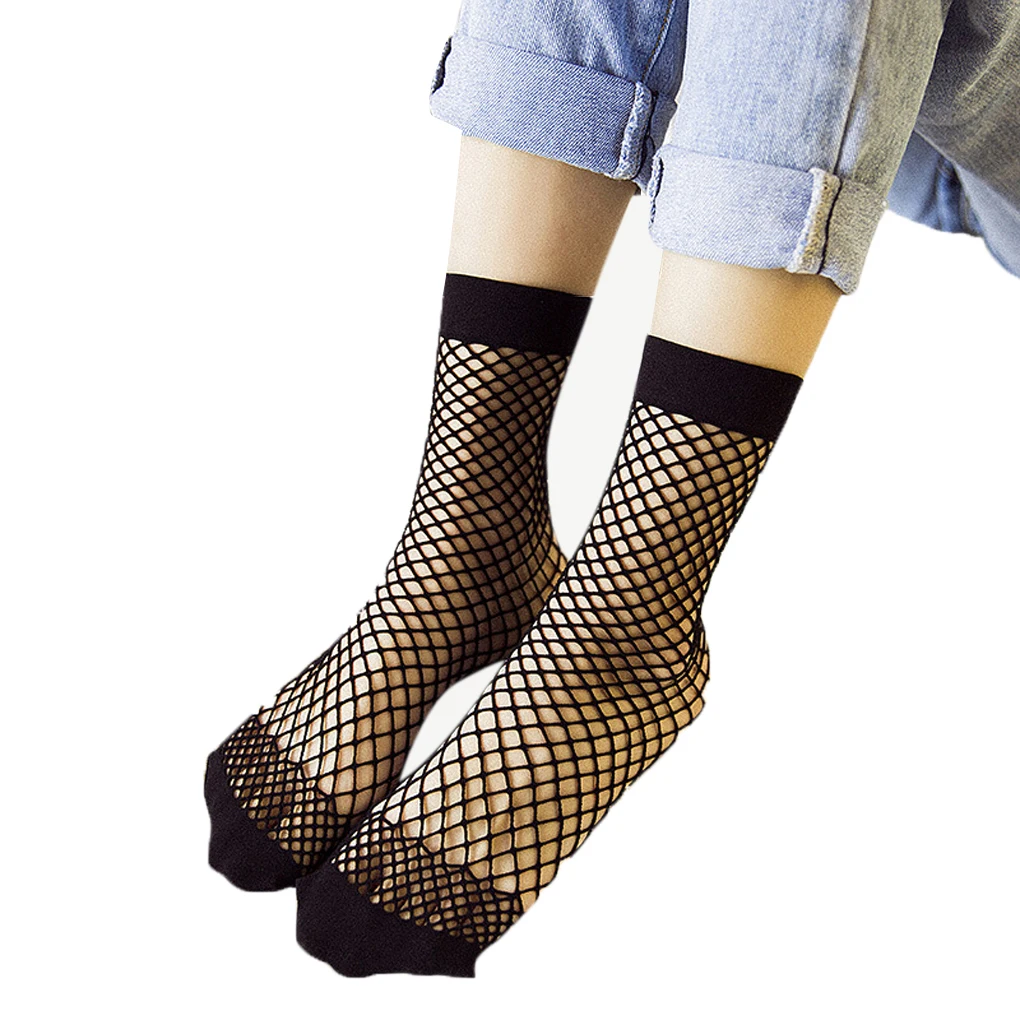 2 Pairs Black Women's Fishnet Socks Quality Elastic Net Mesh Ankle 
